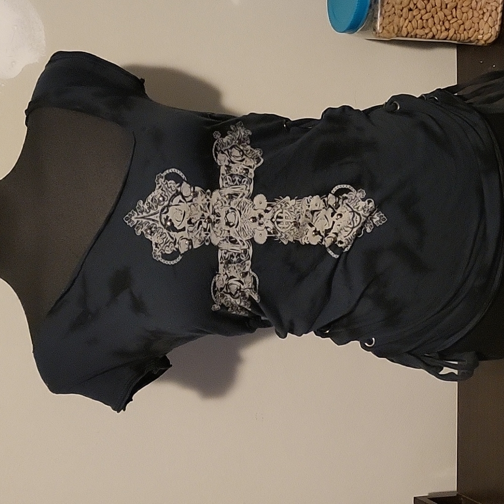 Goth studded asymmetrical lace up top reversible unique navy blue